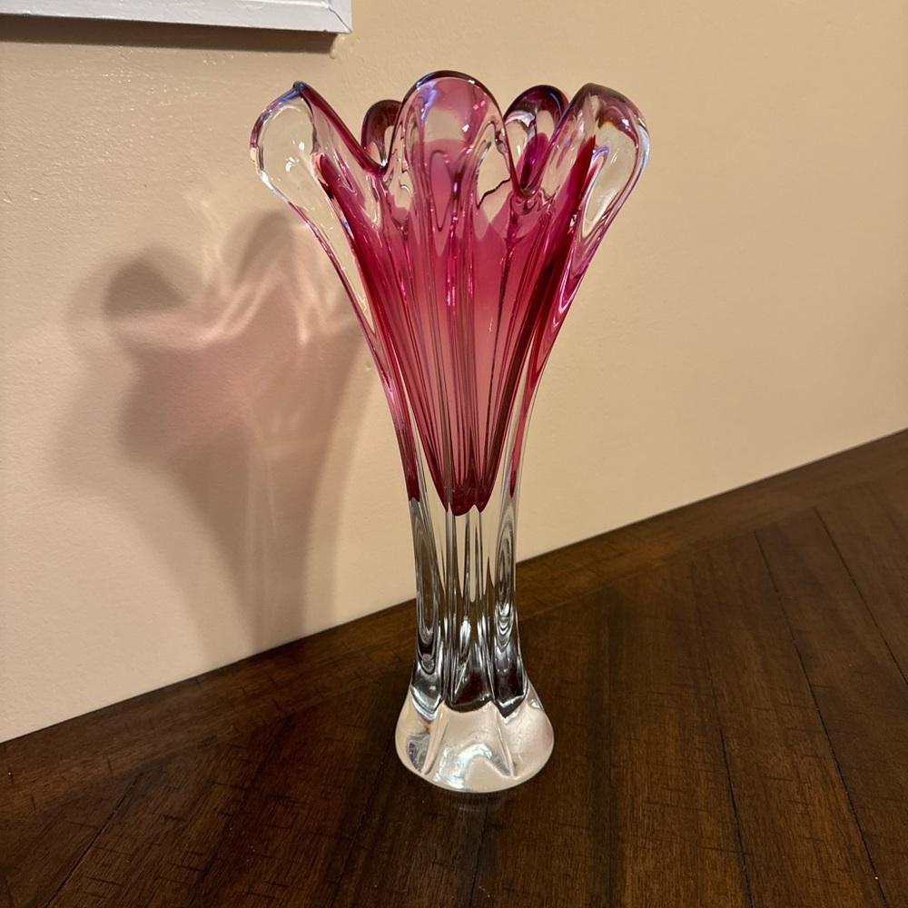 VINTAGE CHRIBSKA BOHEMIAN CRANBERRY GLASS‎ VASE JOSEPH HOSPODKA MCM MURANO 13x7”